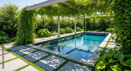 Serene Backyard Oasis With A Sparkling Pool And Lush Greenery