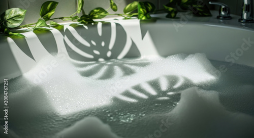 Serene Bathtub Scene With Plant Shadows And Bubbles