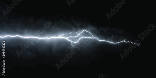 Tableau sur toile Horizontal branching lightning bolt in dark storm clouds with a bright horizonta