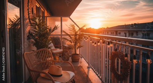 Serene Balcony Oasis At Golden Hour With Lush Plants And String Lights