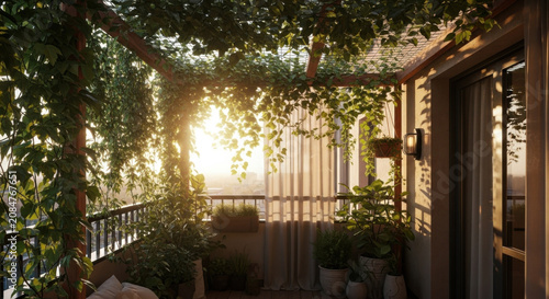 Serene Balcony Oasis Bathed In Warm Golden Hour Light