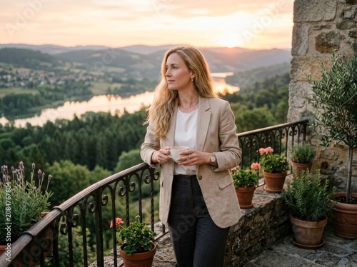 Woman with coffee cup on balcony overlooking valley at sunset