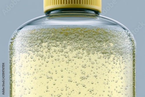 Carbonated yellow liquid in clear glass bottle, yellow cap, studio lighting, minimal background