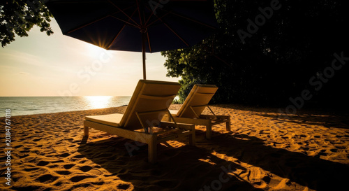 Serene Beach Paradise With Two Lounge Chairs At Sunset