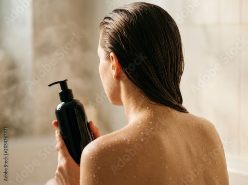 Woman with wet hair holding black bottle, skincare in bathroom.