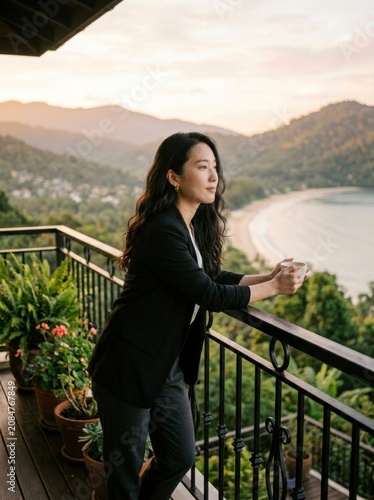 Young professional holding coffee on balcony, scenic beach sunset view.