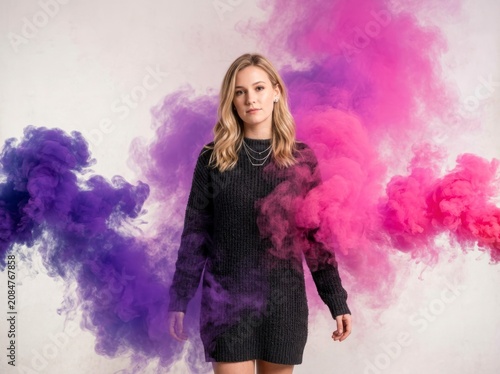 Young woman in black sweater posing, purple and pink smoke background.