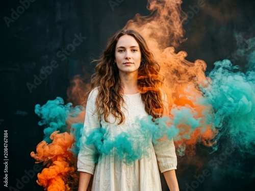 Young woman standing in orange and teal smoke, creative portrait.