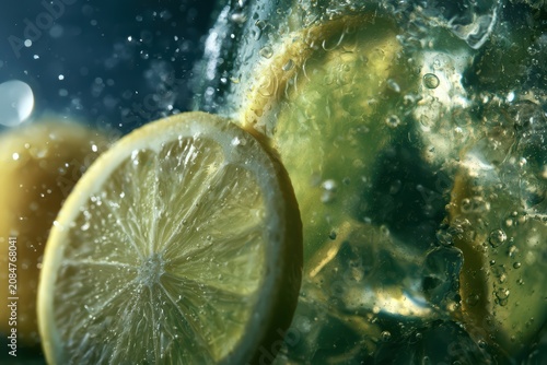 Lemon wedges submerged in fizzy sparkling water, bubbly citrus drink, refreshing summer beverage