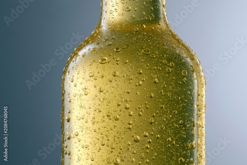 Condensation on a cold yellow glass bottle, blue background, refreshing beverage close up