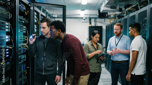 Engineers maintain server rack in modern data center daytime