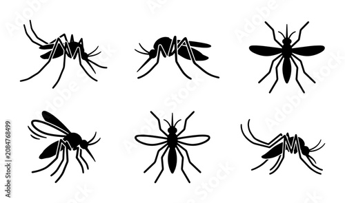 Fotografie Six Black Mosquito Silhouettes, Insect Vector Icons, Pest Control Graphics, Summ