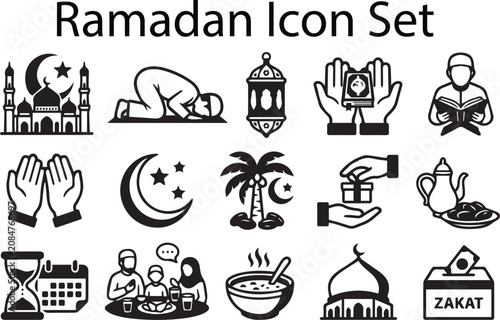 Transparent Ramadan and Eid Islamic festival icon set vector, thick stroke Muslim religious holiday line art bundle