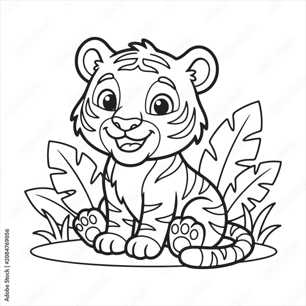 Obraz premium Cute cartoon baby tiger character sitting in the jungle, black and white line art vector illustration for kids coloring page.