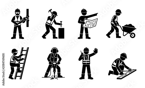Картината върху платно Construction Worker Icons Set: Building, Labor, Safety, Tools, Engineering, Indu