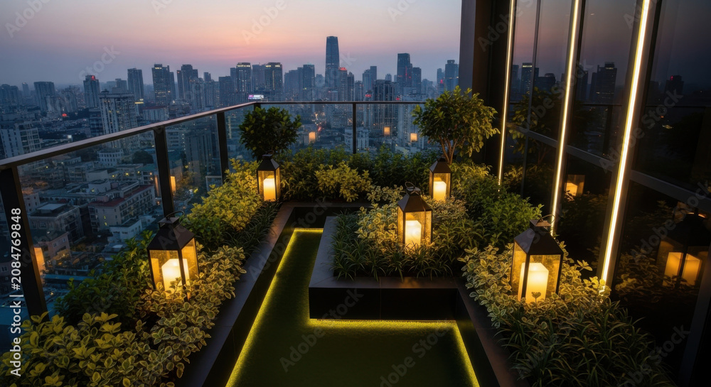Naklejka premium Rooftop Oasis With Cityscape Views At Dusk