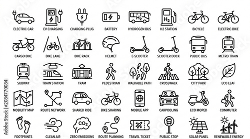 A collection of various eco-friendly transportation icons depicting cars, bicycles, scooters, and buses in an urban environment with people.