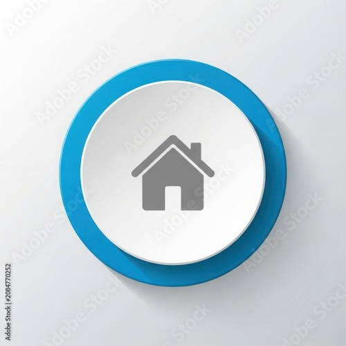 Modern blue and white circular button icon featuring a simple gray house symbol for web user interface design elements and navigation
