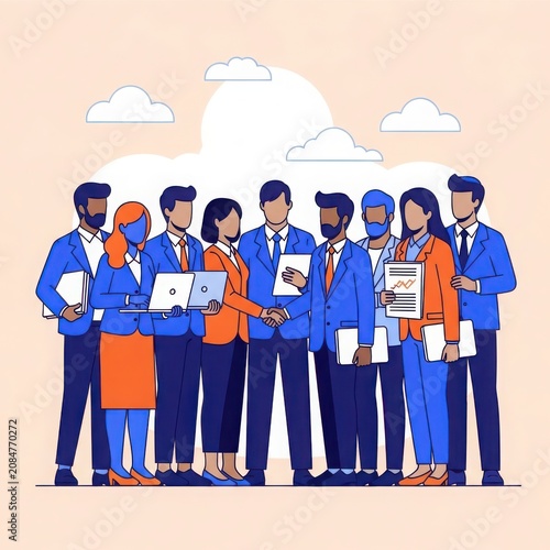 Diverse group of professionals in business attire standing together holding documents and laptops ready for teamwork