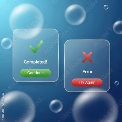 Transparent ui elements showing success and error states with buttons on a blue bubbled background