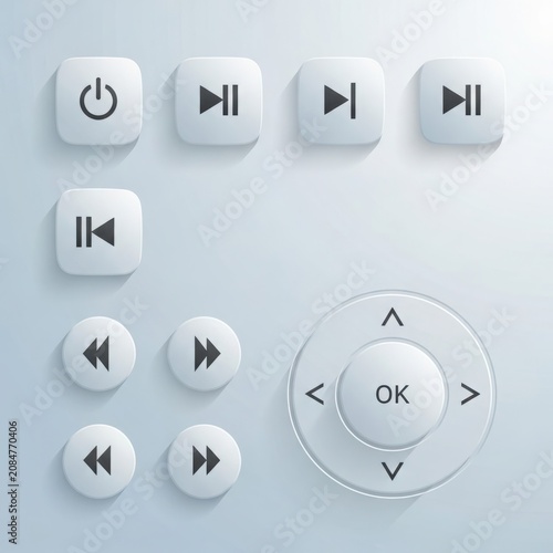 Modern ui web element collection featuring power play pause fast forward rewind and navigation buttons for digital interfaces