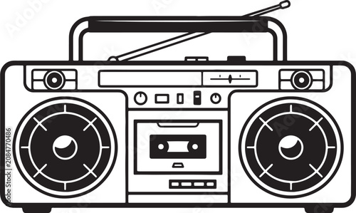 Billede på lærred Black and white line boombox with speakers, cassette deck, and control buttons a