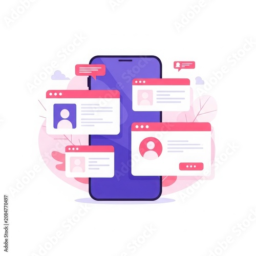 Modern ui web elements showcase featuring a smartphone with interactive pop-up windows and user interface designs for digital platforms