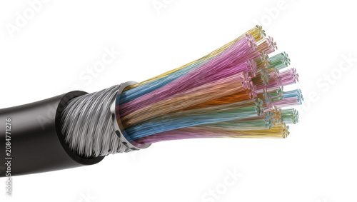 Принти на полотні Isolated fiber optic cable with colorful data strands, digital communication tec