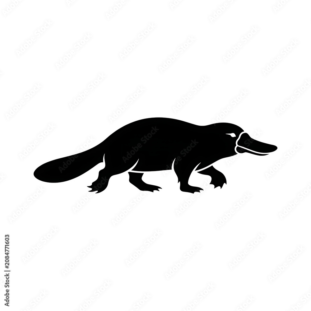 Fototapeta premium Black silhouette of a platypus isolated on a white background.
