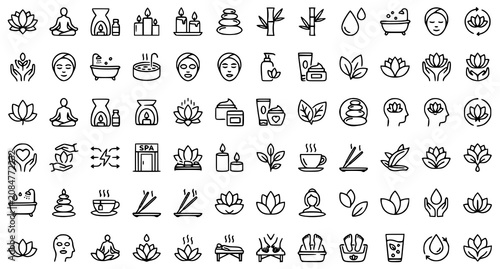 Photography Lotus Flower Spa Wellness Thin Line Icon Set with Editable Stroke Lily Meditatio