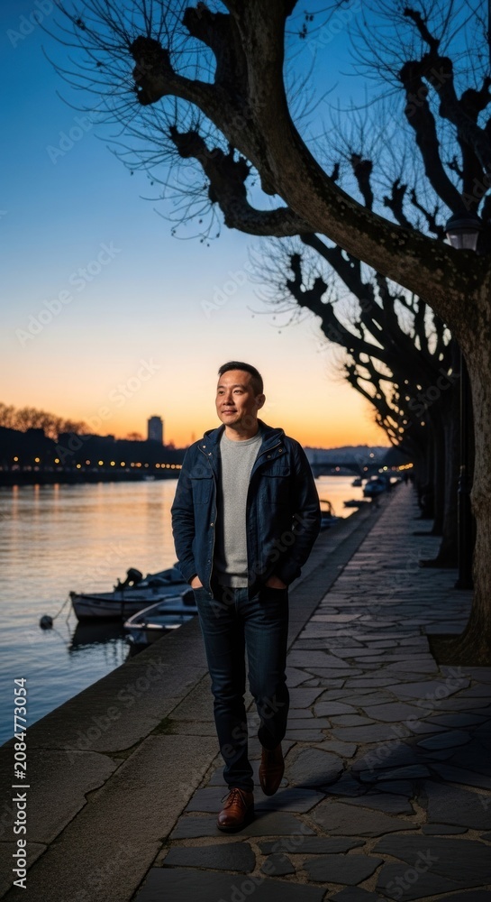Fototapeta premium Adult man walks along a waterfront promenade bordered by bare trees during twilight