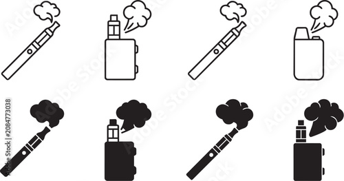 Minimal Vape Smoking Icon Set - Electronic Cigarette Vapor Line and Glyph Vector Collection