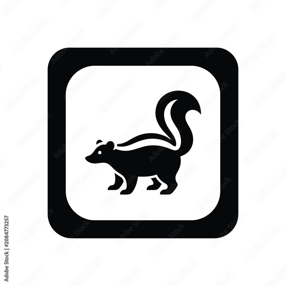 Fototapeta premium Skunk standing side view vector silhouette logo on black square background icon.