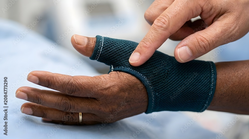 Fototapeta premium Orthopedic Doctor Fitting Thumb Immobilizer Support Sleeve