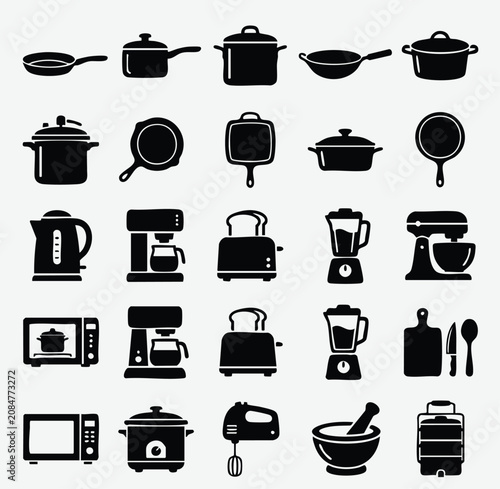 Foto Kitchenware and cooking appliance icons collection with utensils appliances micr