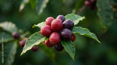 Close up of ripe coffee cherries growing on green leafy branch in natural sunlight
