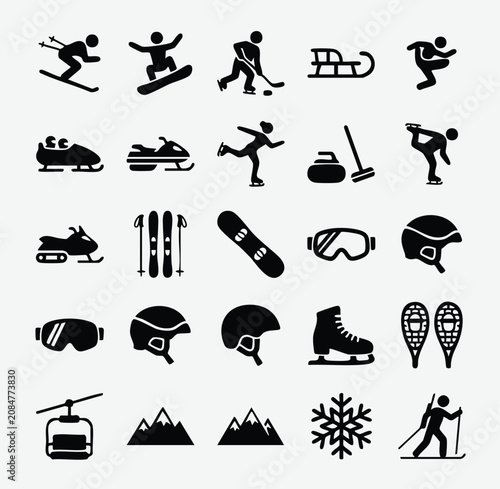 Foto Winter sports and skiing activity icons with snowboard mountain recreation activ