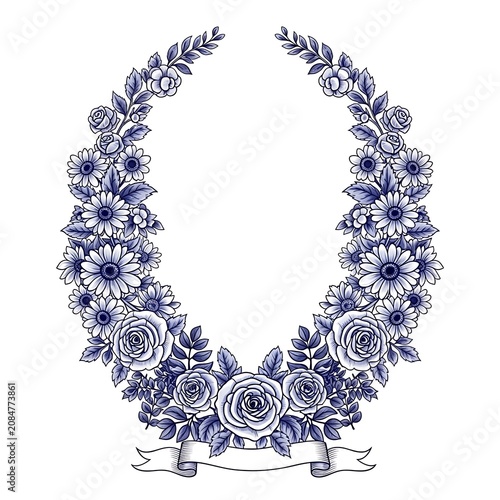Elegant laurel wreath with purple flowers and roses