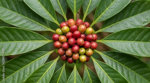 Close up of ripe coffee berries on green leafy branch in natural sunlight
