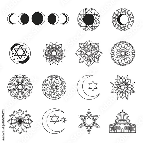 Intricate geometric moon and star mandala designs