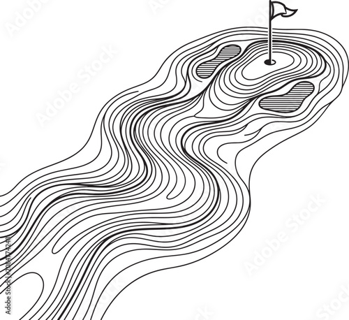 Bild auf Leinwand Topographic map style illustration of golf course fairway leading to green with flag and sand bunkers depicted in black line art contour