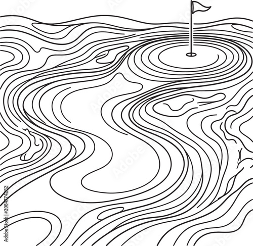 Obraz na plátně Abstract topographical contour line drawing of golf course layout with putting green flag and bunkers in stylish black ink artistic design