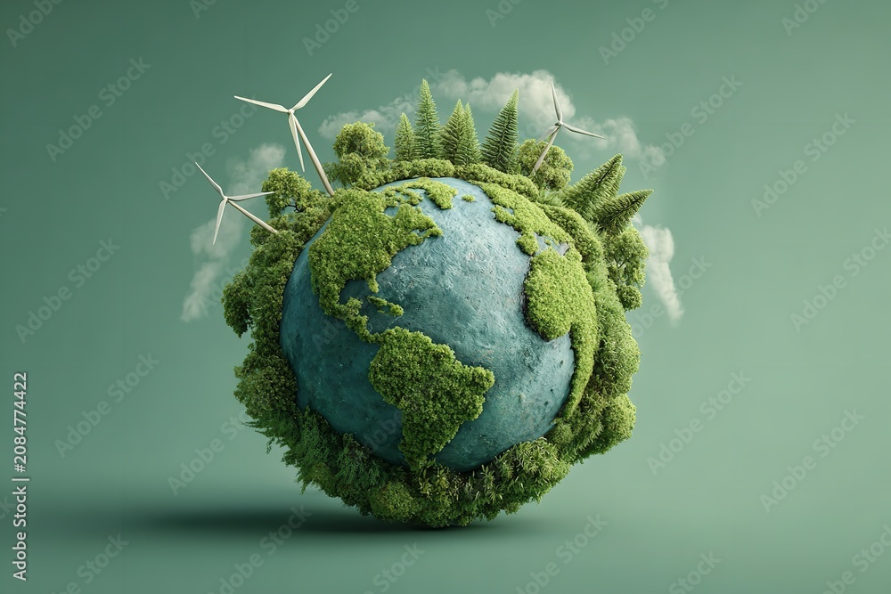 Fototapeta premium Floating earth globe covered in moss with wind turbines for green energy