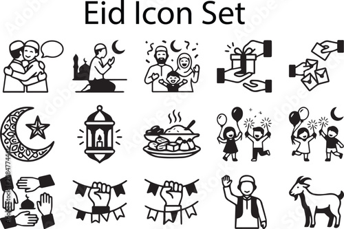 Transparent Eid Mubarak Islamic festival icon set vector, thick stroke Muslim holiday celebration line art bundle