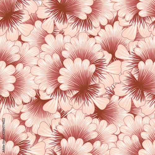 Pink flower petals retro seamless vector pattern background. Floral backdrop in vintage style. Hand-drawn delicated flower heads. For web packground, wedding giftwrap, packaging.