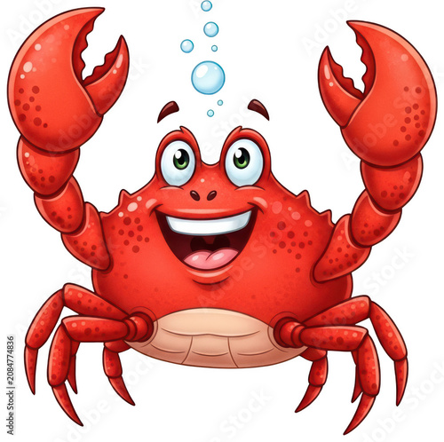 Cheerful red cartoon crab mascot with raised claws and blue water bubbles is an isolated transparent background image