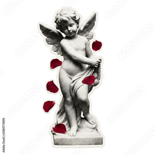 Cherub Statue Surrounded by Red Rose Petals on Black isolated on transparent background.