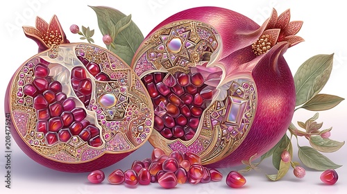 Jeweled pomegranate half with ruby seeds high resolution picture