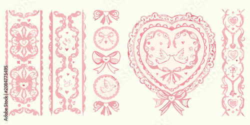Konstfotografi vintage decorative elements with pink hearts bows and birds vector illustration