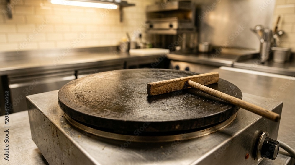 Obraz premium Commercial Crepe Maker Flat Surface Spreading Tool Empty Kitchen Warm - Commercial Kitchen Equipment Stock Photo